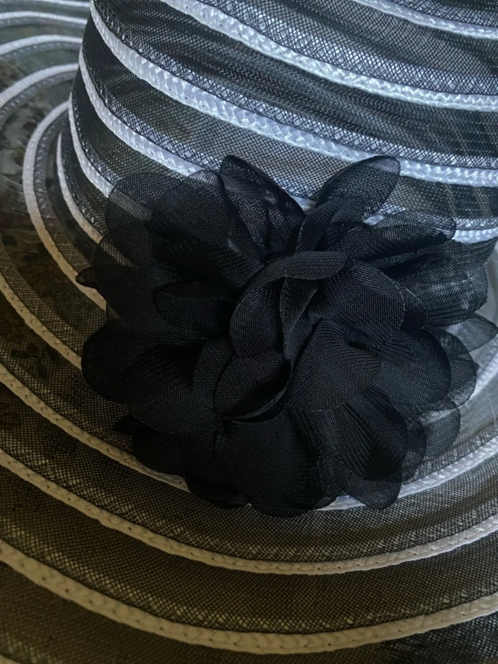 Lake shore Drive wide brim hat with sheer striped and flower accent. NEW